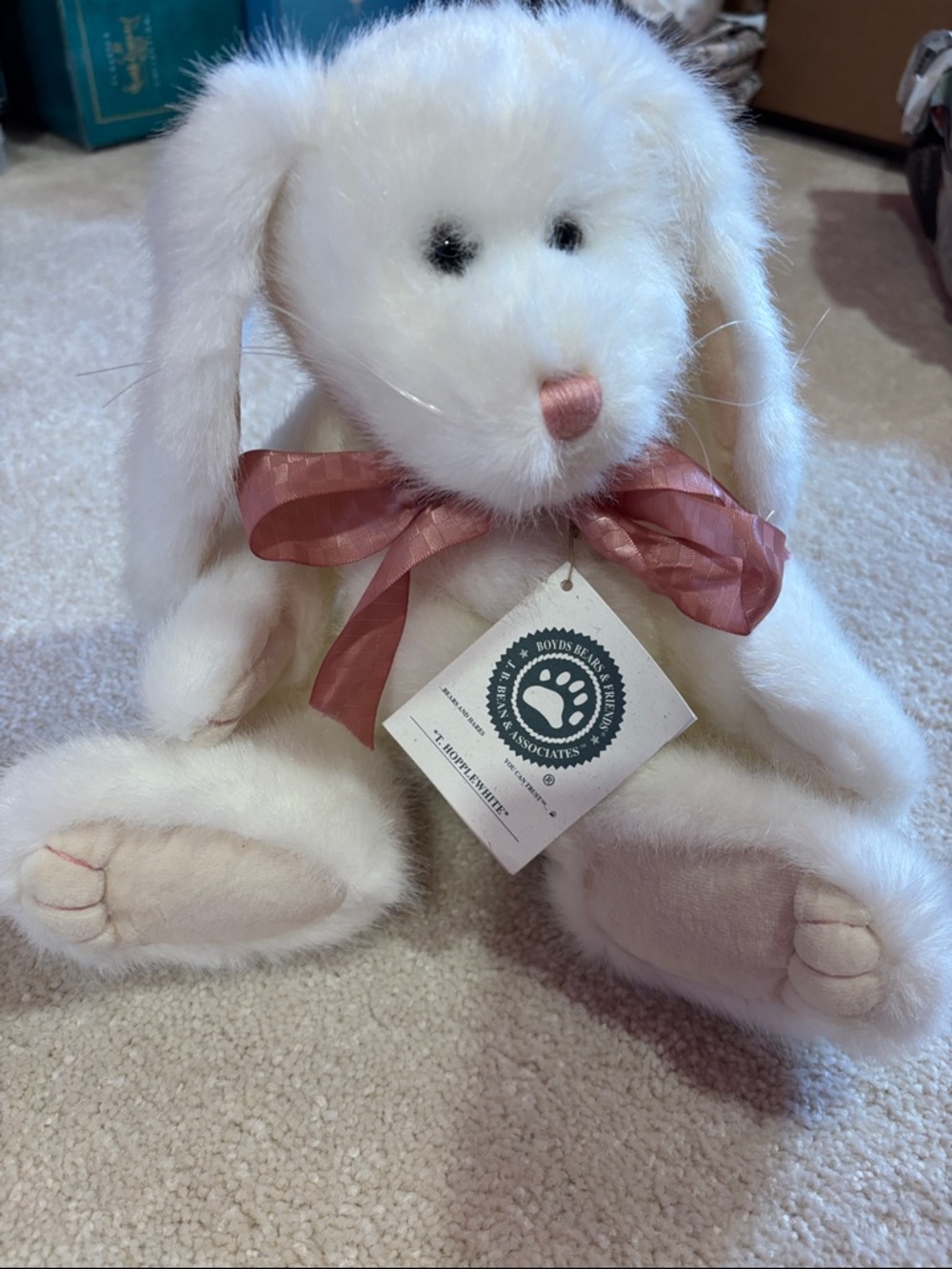 Boyds Bears White Plush Bunny with Pink Ribbon